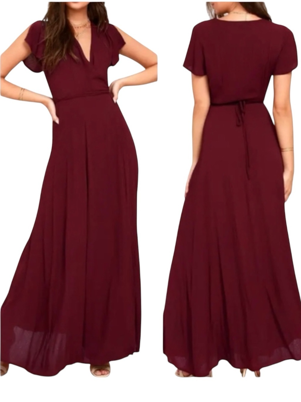 Lulus Heart of Marigold Burgundy Wrap Maxi Dress Flutter Sleeve Flowy Gauzy Sz M